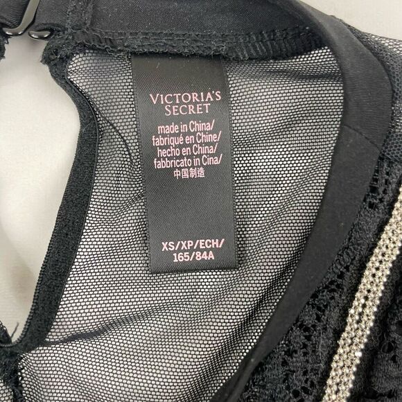 Victorias Secret Black Lace Sheer Thong Bodysuit Shoulder Pads XS Beaded Accents - Picture 2 of 5